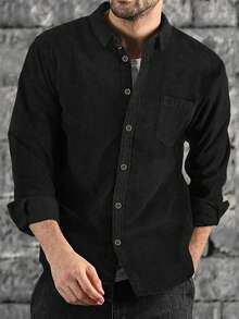 Men's Minimalist Formal Corduroy Long Sleeve Button-Up Shirt, Suitable For All Seasons - Black - View 1