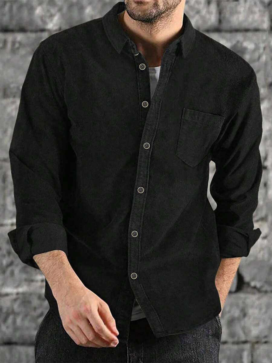 Men's Minimalist Formal Corduroy Long Sleeve Button-Up Shirt, Suitable For All Seasons - Black - View 1