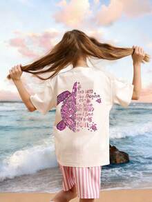 1pc Tween Girls Tropical Sea Turtle Graphic Print Summer Short Sleeve T-Shirt, Student/Young Kids Apparel, Suitable For Beach Wear - Apricot - View 2