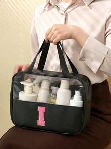 1pc Multi-Functional PVC Toiletry Bag, Transparent PVC Cosmetic Bag, Large Capacity Makeup Bag, DIY Letter Design Makeup Bag, Waterproof Travel Organizer Bag, Minimalist Letter Patch Travel Cosmetic Bag, Suitable For Cosmetics, Perfume, Beach, School, Bathroom, Festivals, Mother's Day, Christmas, Great Gift For Mom, Family, Friends, Unisex Travel Toiletry Bag, Bathroom Makeup Bag,Makeup Bag,Travel Essential - Black - View 34
