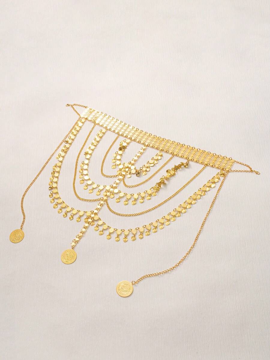 Herseygold 1件库尔德土耳其新娘首饰镀金流苏头饰，中东阿拉伯女性奢华头链，婚礼节日配饰 - 金色 - 查看 1