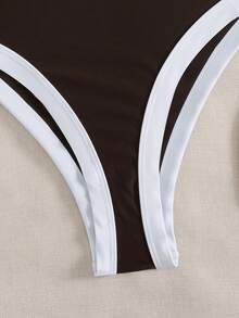 新款时尚优雅休闲简约撞色女士连体泳衣，适合水疗、海滩度假、夏季旅行、海滩派对 - 咖啡棕 - 查看 6