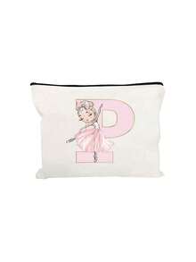 1 Personalized A-Z Initial Print Makeup Bag, Ballerina Girl Letter Print,Lightweight Makeup Organizer,Stylish Zippered Storage Bag, Multi-Functional Toiletry Pouch,Initials Option, Durable Fabric-Like Texture For Travel, Everyday Use,For Makeup, Skincare Products, Phones, Coins, Gifts, Weddings, And Holidays For Women And Girls, The Perfect Gift For Birthdays, Weddings, Holidays, And Parties