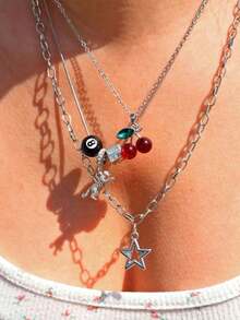 3pcs Leopard & Cherry Necklace Set, 8-Ball Billiard Dice Charm Necklace, Red Cherry Necklace, Fashionable Star Necklace, Classic Leopard Necklace - Bạc - Xem 2