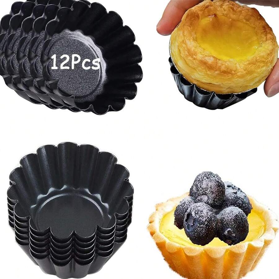 12pcs Non-Stick Mini Egg Tart Mold, Mini Egg Tart Mold, Top Diameter 2.6 Inches, Bottom Diameter 1.65 Inches, Height 0.9 Inches, Carbon Steel Material, Reusable Baking Tool For Kitchen - Multicolor - View 1