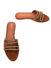 Women's Fashion Gold Crystal Rhinestone Thin Strap Chain Hollow Decor Brown Faux Suede Comfortable Round Toe Casual Party Flat Mule Sandals