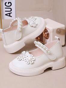 2026新款平底鞋，1双可爱时尚女童真皮鞋，防滑耐磨透气休闲鞋，轻便柔软幼儿学步鞋，公主风学院风鞋 - 米色 - 查看 1