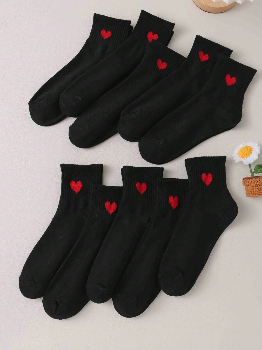 5 Pairs Of Soft And Comfortable Socks With Black Body Embellished With Heart-Shaped Patterns, Hand And Machine Washable, Perfect For All Day Wear On Home Slippers, Canvas Shoes, And Sneakers - 黑色 - 查看 1
