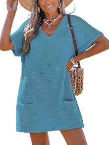 Swimsuit Coverup For Women Waffle Knit V Neck Short Sleeve Beach Coverup Dress With Pockets - Blue - View 7
