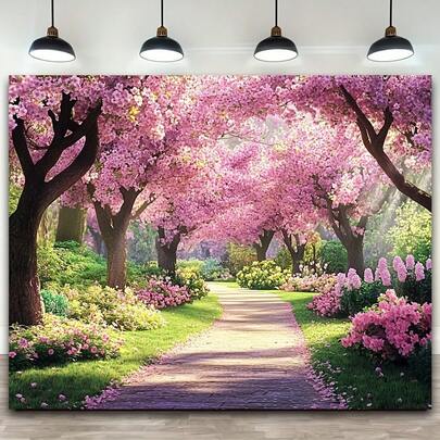 1pc Spring Floral Path Background, Blooming Garden Trees And Flowers, Suitable For Wedding, Birthday Party, Photography Studio And Event Banner