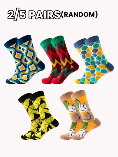 2/5 Pairs Men's Socks, Random Multicolor Stripes, Geometric Patterns, Polka Dots, Contrast Color, Fashionable, Soft & Comfortable, Casual Mid-Calf Socks Suitable For All Seasons