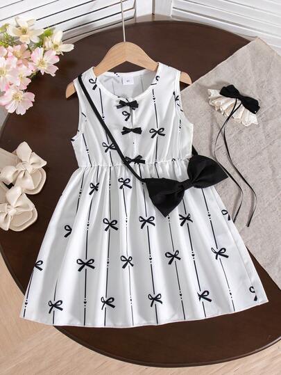 Girls Casual Butterfly Print Decor Flared Hem Knee-Length Dress With Bow Accent, Spring/Summer