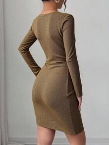 Stylish Long-Sleeved Sparkly Dress-Made İn Turkey - Gold - View 2