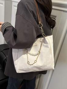 Fashionable Leopard Print Pearl Chain Handbag - Women's Large Capacity Shoulder Bag - Zipper Tote Bag For Daily Use - Metal Chain Leopard Print Pattern Tote Bag, Back To School Student Bag, Retro High-End Feeling Women Bag With Wide Strap Crossbody Bucket Bag Large Capacity Shoulder Tote - Beige - View 3