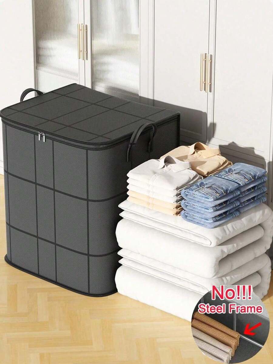1PC Extra Large Collapsible Laundry Hamper With Zippered Lid | Portable Clothes Storage Basket & Organizer Black Storage Bag, Thickened Large-Capacity Mobile Bag, Wardrobe Storage Bag, Clothes Quilt Finishing Bag, Seasonal Clothing Storage Bag, Blanket Quilt Clothes Moving Packing Thickened Large Woven Bag, Foldable Portable Storage Bag Suitable For Bedroom, Wardrobe, Under Bed, Living Room Dorm Room Essentials Clothes Organizer Closet Organization And Storage - Black - View 1