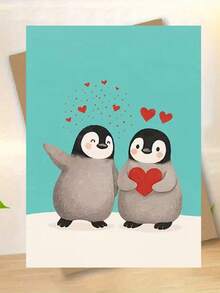 1pc Cute Penguin Valentine's Day Greeting Card, One Penguin Holding Heart, One Penguin Waving Design, Valentine's Gift For Partner/Wife/Husband/Boyfriend/Girlfriend, High-Quality Card With Envelope (12x17cm)/(4.72x6.7in)