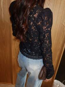 Lace Floral Button Down Shirts For Women Y2K Sheer Mesh Stand Collar Long Sleeve Hollow Out See Through T Shirt Spring Fall Slim Fit Elegent Lace Blouses Going Out Tops Tees Vintage Aesthetics Clothes - 黑色 - 查看 2