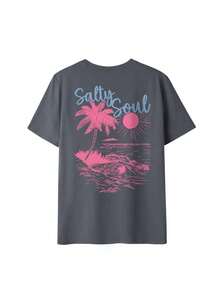 SALTY Women's Spring/Summer Coconut Tree & Sunshine Print Short Sleeve Shirt, Round Neck Casual Top, Versatile Daily Vacation Wear - 深灰色 - 查看 3