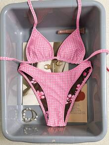 Set di bikini e outfit da spiaggia con stampa floreale da donna, costume da bagno e abbigliamento da spiaggia per vacanze estive - polvere di caffè - Visualizzare 9