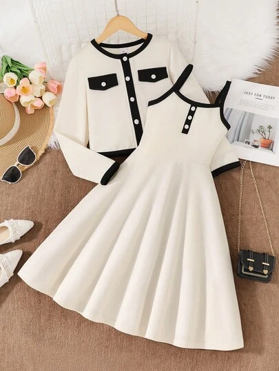 Conjunto de 2 piezas para niñas preadolescentes de otoño/invierno con chaqueta de cuello redondo, manga larga, botones y bolsillo falso; y vestido con tirantes de color contrastante