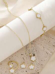 5pcs/Set Lucky Clover Design Bracelet, Necklace, Earrings, Ring Jewelry Set, Elegant Fashion Gift Set For Teens - Multicolor - View 4