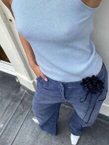 Women's Casual Minimalist Sleeveless Turtleneck Solid Color Knit Top, Versatile For Daily, Tea Party, Airport , Spring/Summer - Blue - View 3