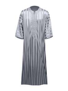 New Middle Eastern Moroccan Dubai Clothing Striped Robe, Mid-Sleeve Embroidered Saudi Arabian - Light Grey - View 3