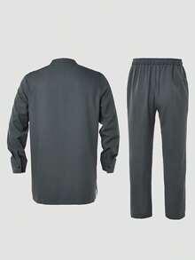 2pcs Dark Grey Dashiki Shirt And Pants Set, White Geometric Line Embroidery, Chest Pocket, Long Sleeve, Round Neck, Elastic Waist Pants, African Fashion, Men's Matching Sets, Casual & Elegant Style For Business, Party, Date, Wedding, Daily Wear, Celebrations And Ceremonies - Dark Grey - View 6