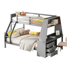 Bunk Bed 0*200cm 140*200cm, Children's Bed, Equipped With A Table, Large Storage Space, High Safety Rail, Grey - Gray + Pine - View 4