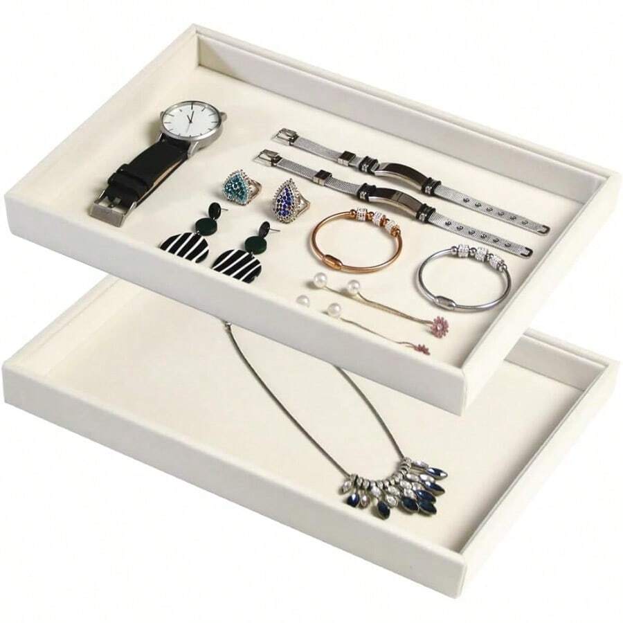 Coward 2Pcs/Set Joyero apilable de terciopelo bei bandeja en blanco soporte para cuentas pulseras collares pendientes para o exhibicion en el hogar - Terciopelobeige - Ver 1