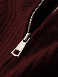 LOOKUN 复古风男士毛衣，休闲宽松纯色纹理拉链开衫长袖针织套头衫，适合工作和商务场合。 - 紅色 - 查看 9