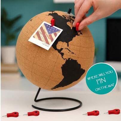 RIMEMO Cork World Globe Decor With Pins – Minimalist Black Continental Design, Decorative Cork Sphere For Home & Office, Includes Push Pins