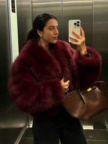 Camellia New Autumn/Winter Faux Fox Fur Collar Fashionable Short Jacket, Youthful Artificial Fur Coat - Burgundy - View 2