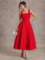 Vestido feminino alfaitaria social e versátil decote quadrado