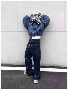 Men's Double Waist Head Colliding Loose Straight Leg Jeans Versatile Wide Leg Casual Lazy Style Jeans - 深色水洗藍 - 查看 6