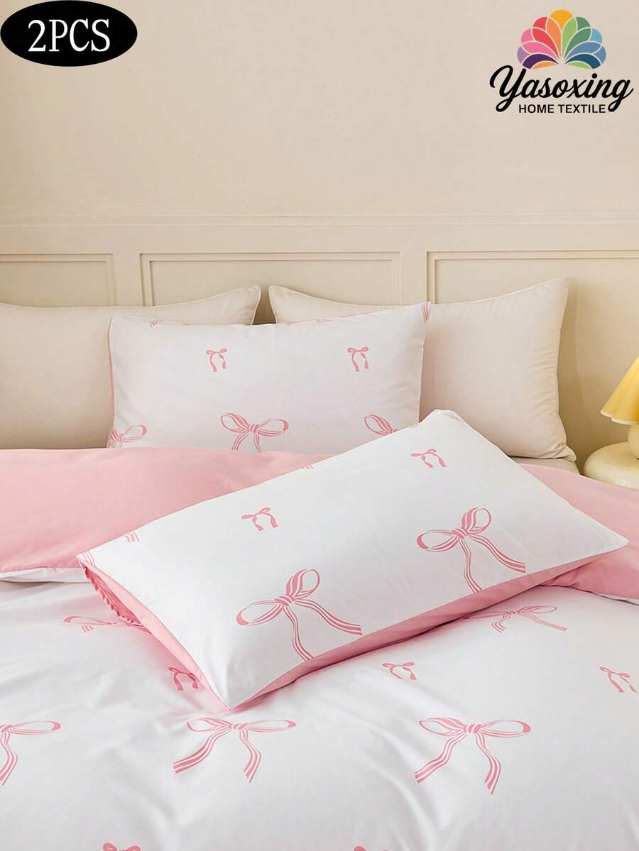 2 chiếc vỏ gối họa tiết nơ ruy băng trắng và hồng, vỏ gối trang trí, siêu mềm mại và thoáng khí, không kèm ruột gối, có thể giặt máy, phong cách nữ tính ngọt ngào, phù hợp cho phòng ngủ. - Hồng - Xem 1