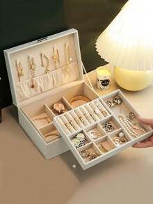双层首饰收纳盒，大容量可上锁首饰盒，PU皮革首饰收纳盒，适用于项链、耳环、戒指、手表。节日礼物。 - 彩色 - 查看 7