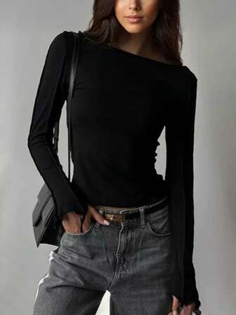 캐주얼 Y2K 보트넥 긴소매 러플 탑, 비대칭 커프스, 미니멀하고 패셔너블한 크리스마스 기본 긴소매 탑, 가을/겨울 오피스 캐주얼 출근 탑, 여성용 새해 기본 의상, 솔리드 블랙 탑, 섹시 탑, 여성용 추수감사절 의상