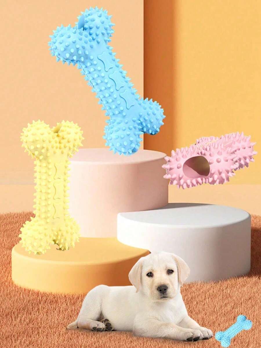 1 Pack Puppy Rubber Chew Bones, High Elasticity Hiding Treats Toys, Suitable For Indoor/Outdoor Training, Valentine's Day Puppy Gift (Blue/Pink/Yellow) - Pink - View 1