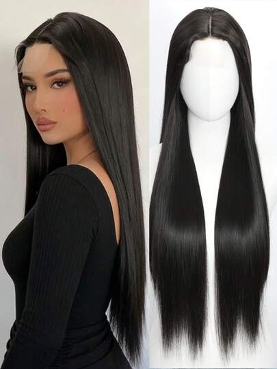 黑色长直发合成U型蕾丝假发，女士款，预先拔毛，自然发际线