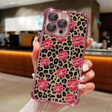 1pcs Leopard Print With Red Kiss Antidrop Phone Case Compatible With Apple Phone17ProMax 16 15 14Plus 11 12 13 ProMax Xs Max XS X Silicone Camera Protection Vintage Funky Personality Cute Fashion Can Be Given To A Lover Can Be Given To Friends - 粉色 - 查看 4