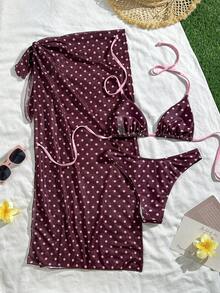 Bộ bikini 3 món gợi cảm và ngọt ngào chấm bi tím đậm - Áo hai dây tam giác + Chân váy voan xẻ cao | Dây buộc có thể điều chỉnh & trang trí kim loại, hoàn hảo cho tiệc bãi biển và hồ bơi mùa hè. - Rỉ Nâu - Xem 7