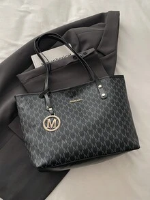 2023 New Fashion Women Large Capacity All-Over Allover Print Letter Pattern Decor Dual Handle Tote Bag, Suitable For Work And Commute