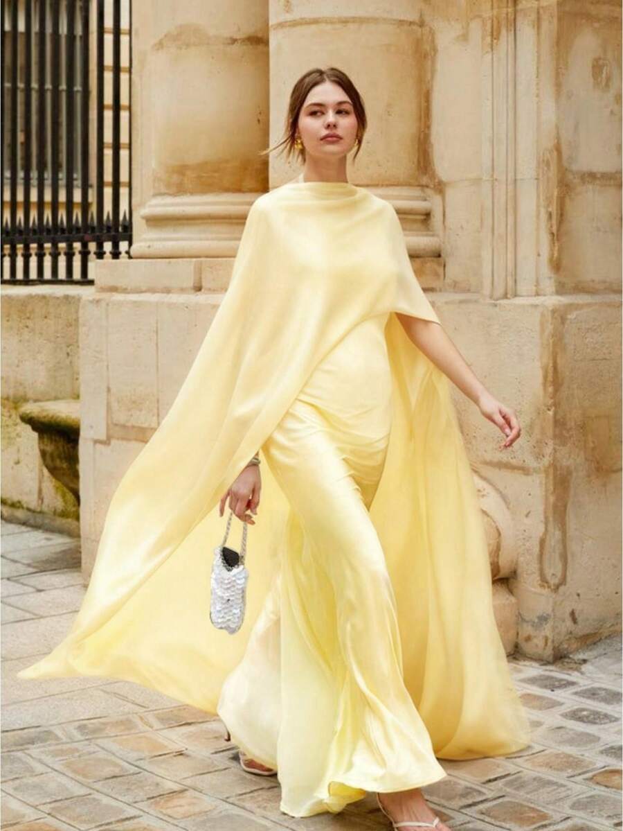 Women Sheer Long Cape Tops - Amarillo - Ver 1