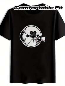 Camiseta Casual de Cuello Redondo para Hombre con Estampado de Cámara de Película, Camiseta Gráfica Negra para Él, Idea de Regalo, Camiseta de Uso Diario, Atuendo de Verano, Camiseta Impresa, Diseño Elegante, Ajuste Cómodo, Tela Suave, Camiseta Impresa, Camiseta para Hombre, Ropa de Hombre, Jóvenes Adultos - Negro - Ver 1