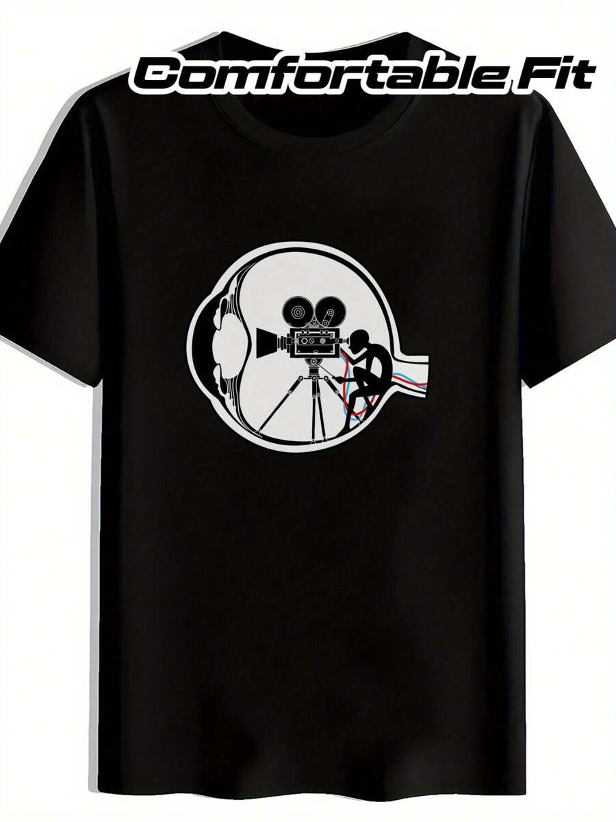 Camiseta Casual de Cuello Redondo para Hombre con Estampado de Cámara de Película, Camiseta Gráfica Negra para Él, Idea de Regalo, Camiseta de Uso Diario, Atuendo de Verano, Camiseta Impresa, Diseño Elegante, Ajuste Cómodo, Tela Suave, Camiseta Impresa, Camiseta para Hombre, Ropa de Hombre, Jóvenes Adultos - Negro - Ver 1