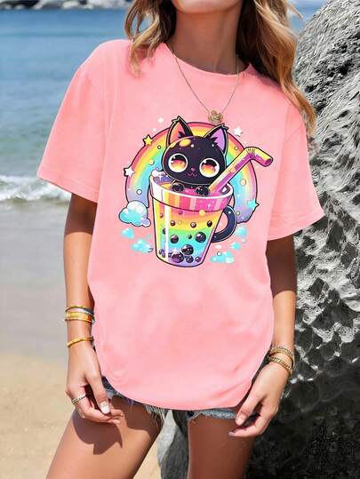 Tween Girls Casual Cartoon Print Short Sleeve T-Shirt, Summer