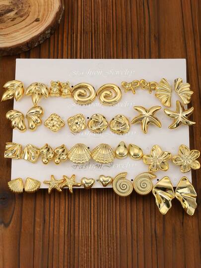 4pairs-19pairs Fashionable And Lovely Golden Plated Earrings With Different Animals-Shaped, Starfish,Shell,Flower,Butterfly,Little Bear,Suitable For All Girls' Daily Wear