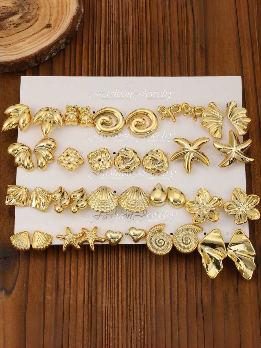 4pairs-19pairs Fashionable And Lovely Golden Plated Earrings With Different Animals-Shaped, Starfish,Shell,Flower,Butterfly,Little Bear,Suitable For All Girls' Daily Wear - Yellow Gold - View 1