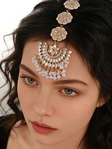 精美水滴形水晶镶嵌头链/仿珍珠流苏吊坠额链/新娘头饰/发箍/婚礼珠宝配饰，准新娘，女士发饰